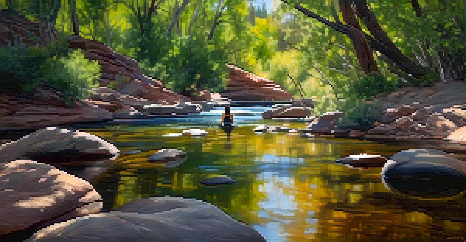 A person meditating beside a clear creek in Sedona, surrounded by trees and sunlight filtering through the leaves.