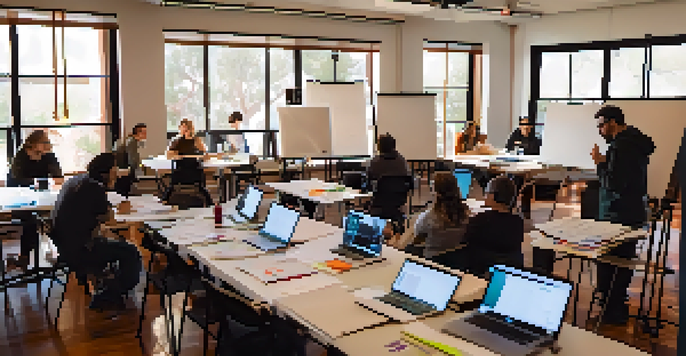 A workshop scene with aspiring filmmakers collaborating on screenwriting ideas in a bright room with a whiteboard.