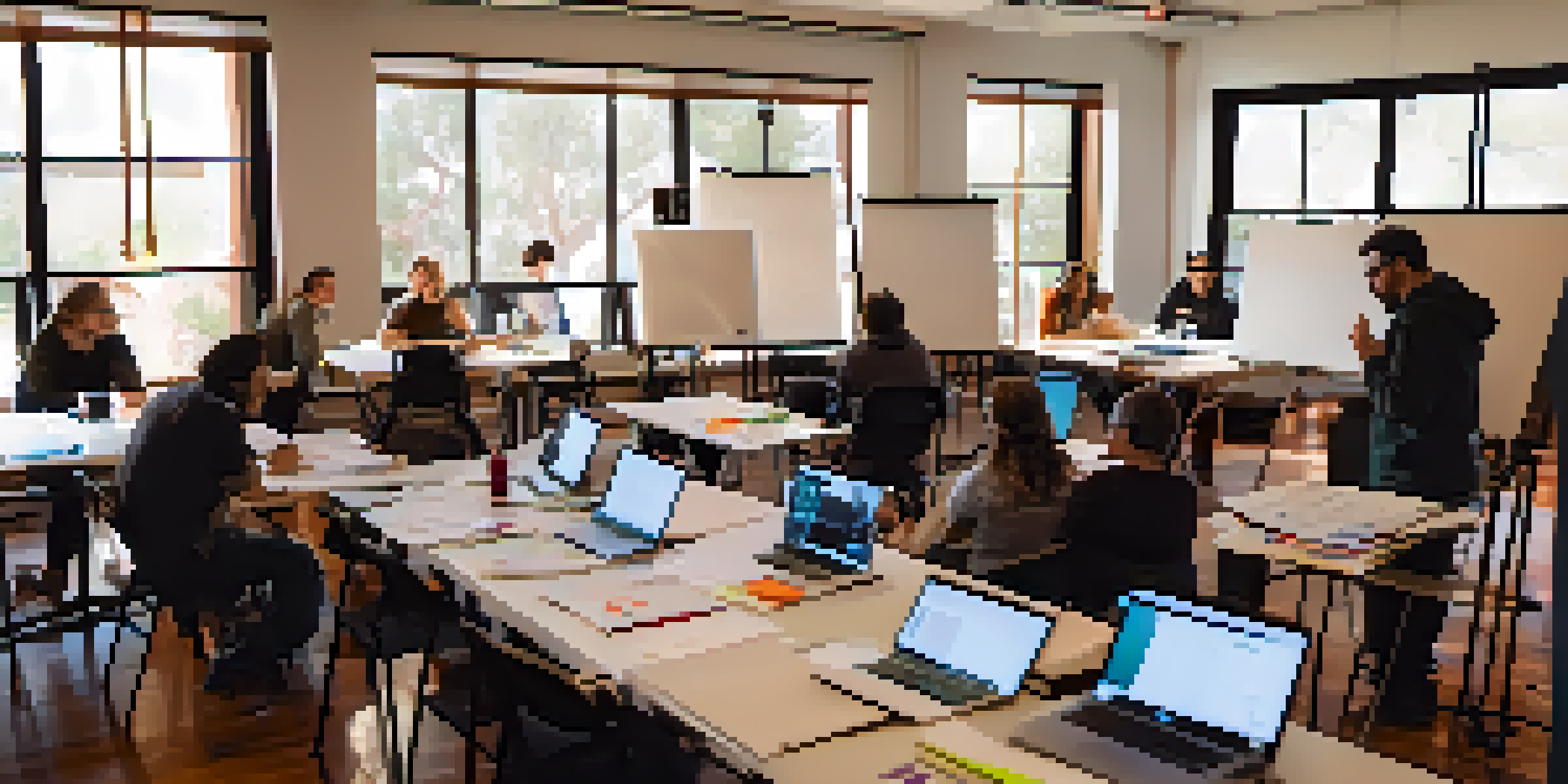 A workshop scene with aspiring filmmakers collaborating on screenwriting ideas in a bright room with a whiteboard.