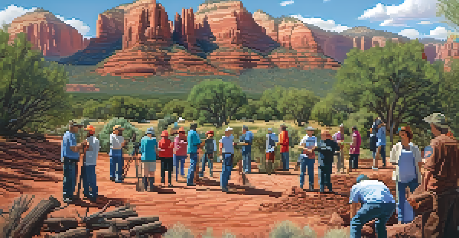 Community members volunteering to restore a wildlife corridor in Sedona, surrounded by red rock formations.