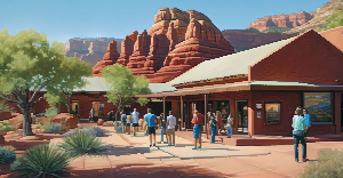 An outdoor view of the Sedona Heritage Museum with red rock formations in the background and visitors interacting with displays.
