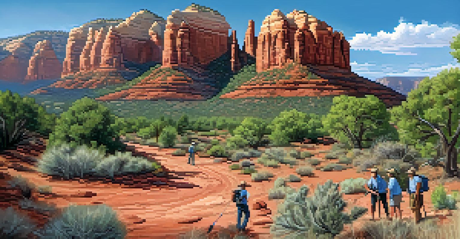 Volunteers working on trail maintenance at the Red Rock National Conservation Area, with red rock formations and greenery in the background.