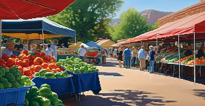 A bustling farmers market in Sedona with colorful stalls of fresh produce, families interacting, and warm sunlight creating a lively atmosphere.
