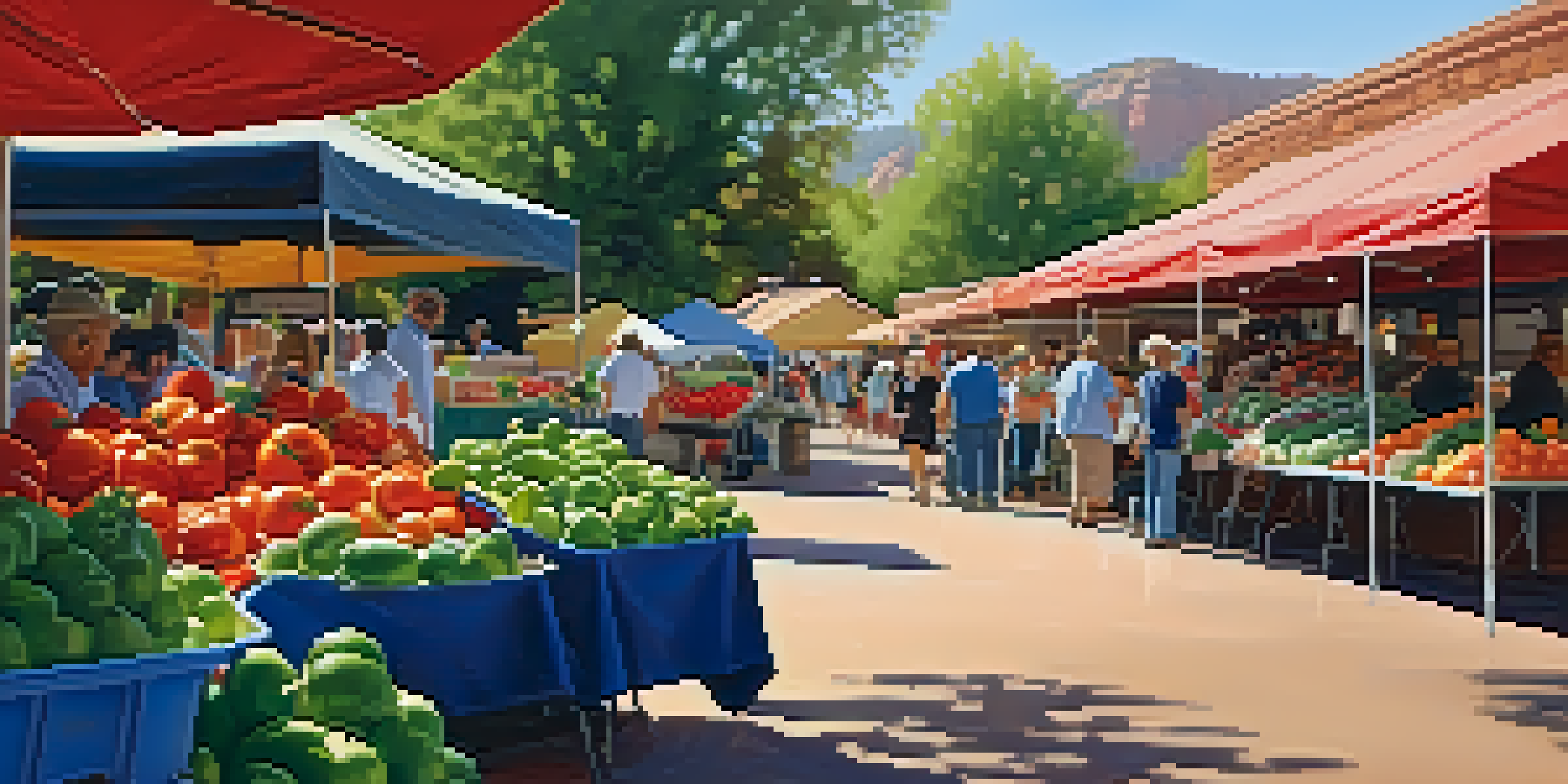 A bustling farmers market in Sedona with colorful stalls of fresh produce, families interacting, and warm sunlight creating a lively atmosphere.