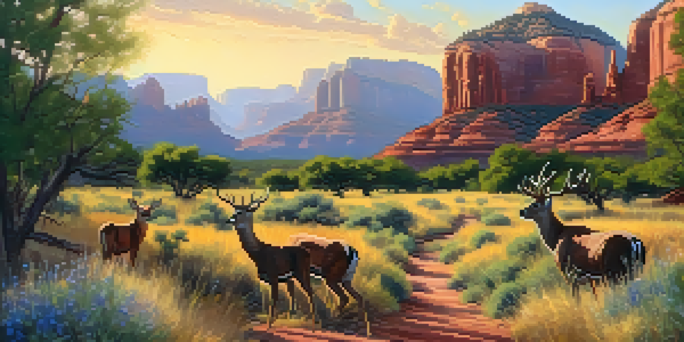 A peaceful wildlife corridor in Sedona with greenery, wildflowers, and deer grazing under red rock formations.