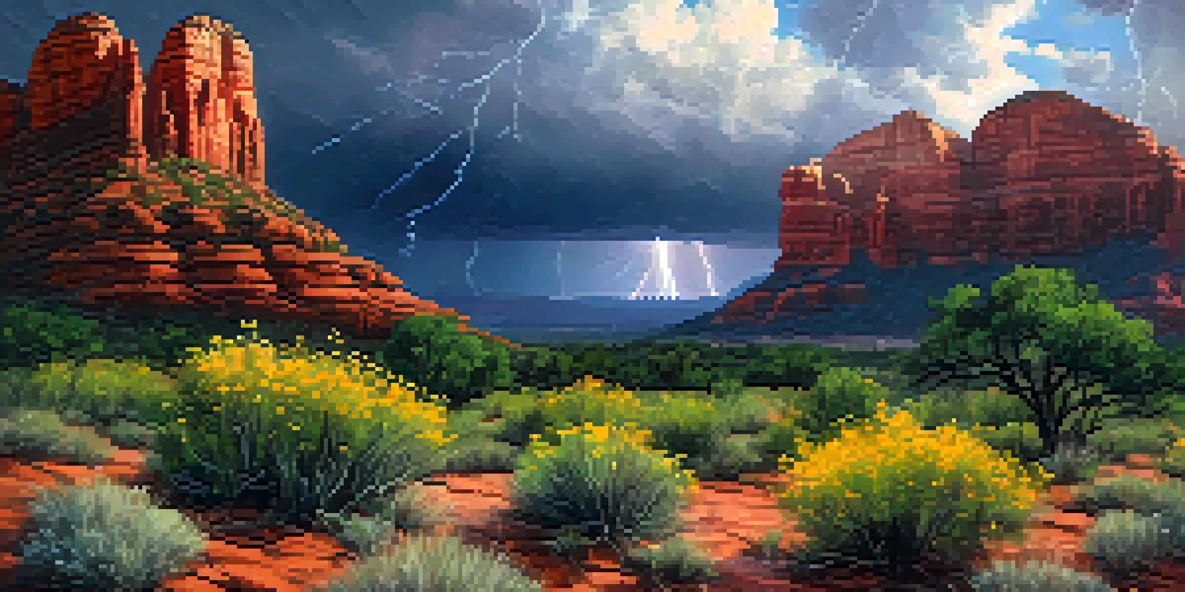 A wide view of Sedona's red rock formations under stormy skies with blooming wildflowers in the foreground.