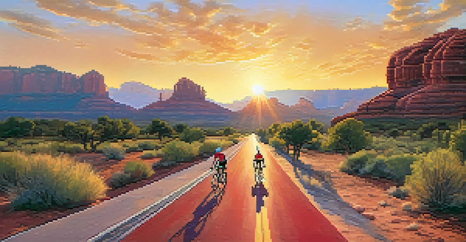 A bike lane in Sedona with cyclists and a shuttle bus in the background, highlighting eco-friendly transportation.