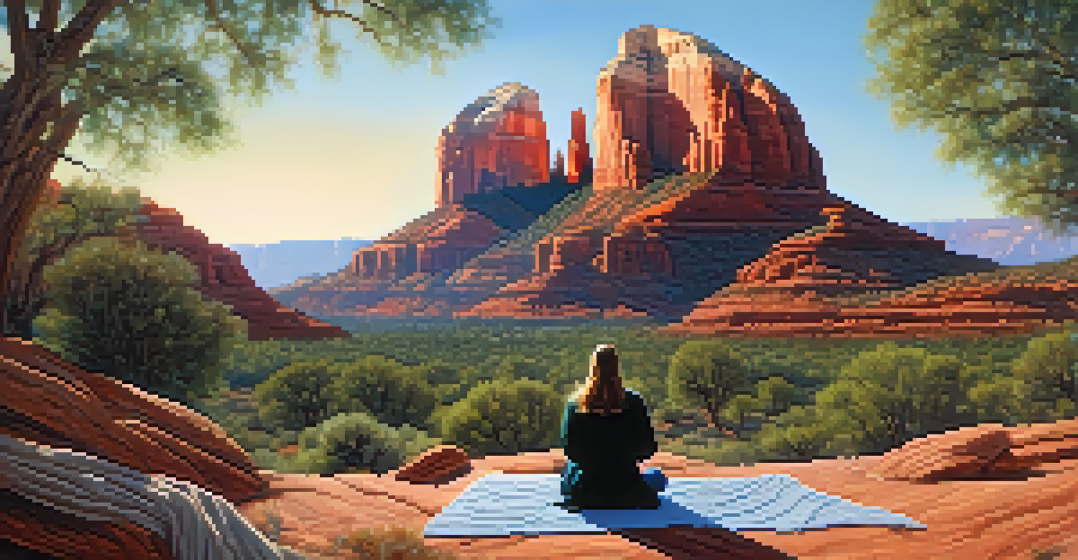 A person meditating with crystals and sage in front of Cathedral Rock in Sedona, Arizona, with soft morning light.