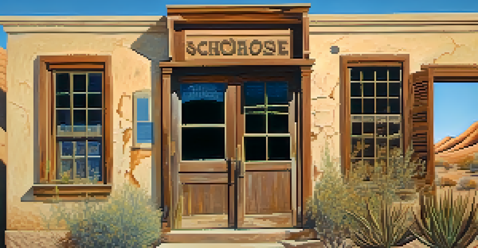 An abandoned schoolhouse with an ajar wooden door, dusty interiors, and creeping vines under a blue sky.