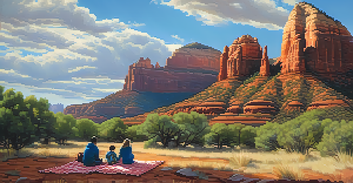 A family of four exploring the red rock landscape of Sedona, Arizona, with a picnic blanket and a family tree map.