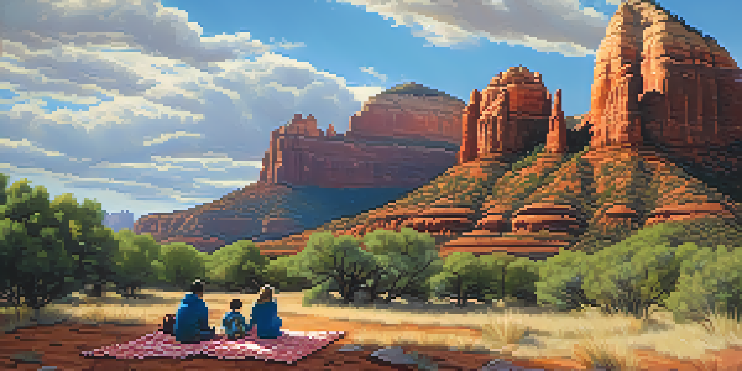 A family of four exploring the red rock landscape of Sedona, Arizona, with a picnic blanket and a family tree map.