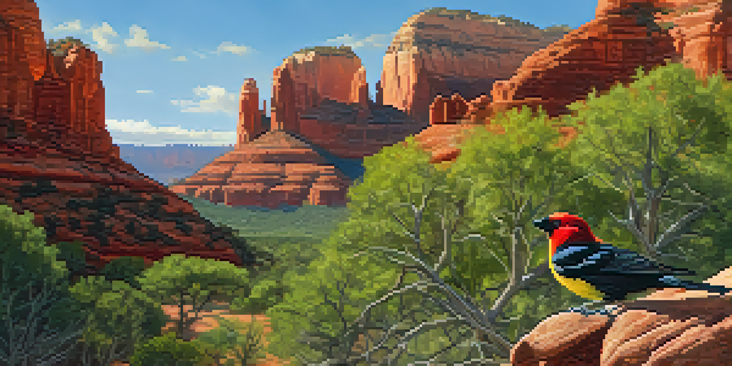 A birdwatcher with binoculars observing a western tanager in front of red rock formations in Sedona, Arizona during the morning.