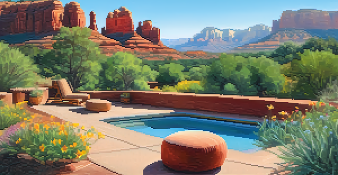 A peaceful view of the Sedona Meditation Center with red rock formations and a tranquil garden filled with wildflowers, under a clear blue sky.
