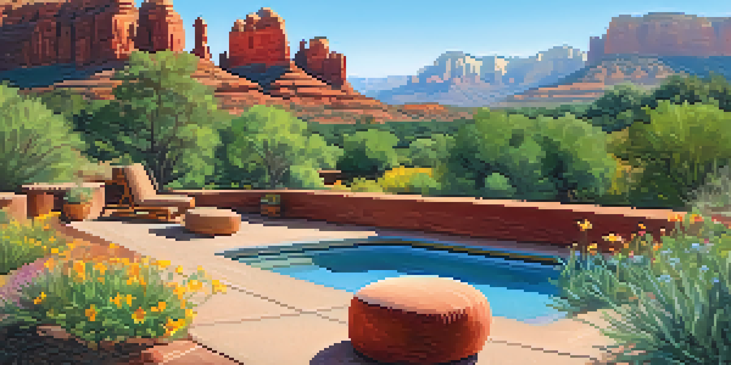 A peaceful view of the Sedona Meditation Center with red rock formations and a tranquil garden filled with wildflowers, under a clear blue sky.