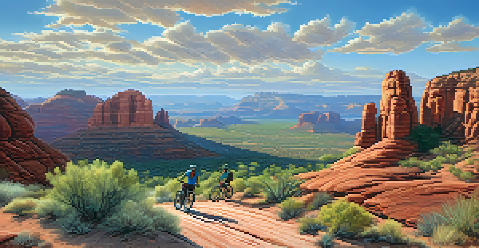 The Chuckwagon Trail with red rock formations and a beginner mountain biker enjoying the ride.