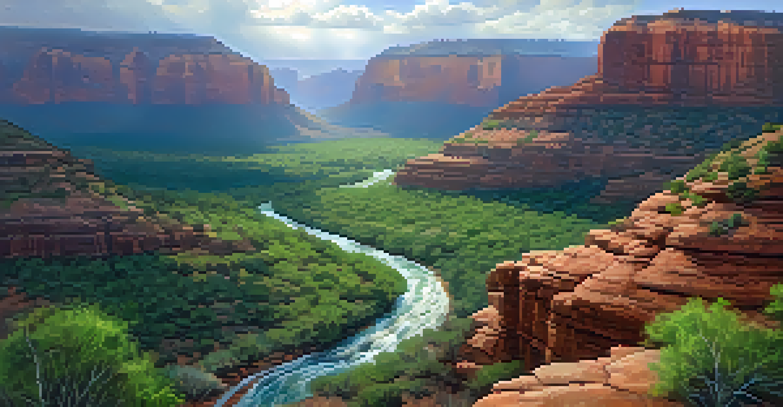 An aerial shot of a canyon in Sedona with rushing water and lush greenery after a rainstorm.