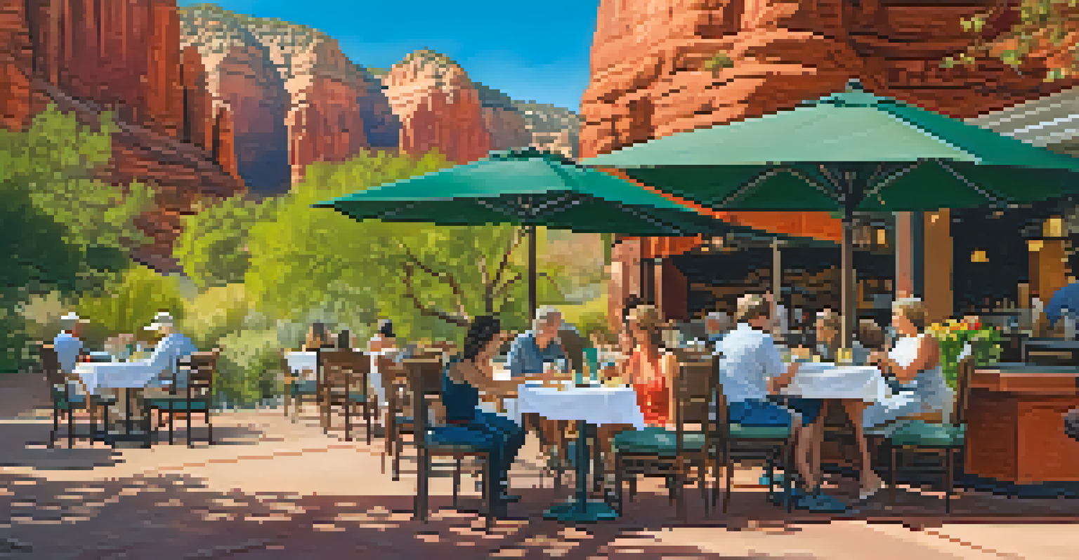 An outdoor café in Sedona with patrons enjoying brunch, surrounded by blooming flowers and red rock cliffs in a sunny spring setting.