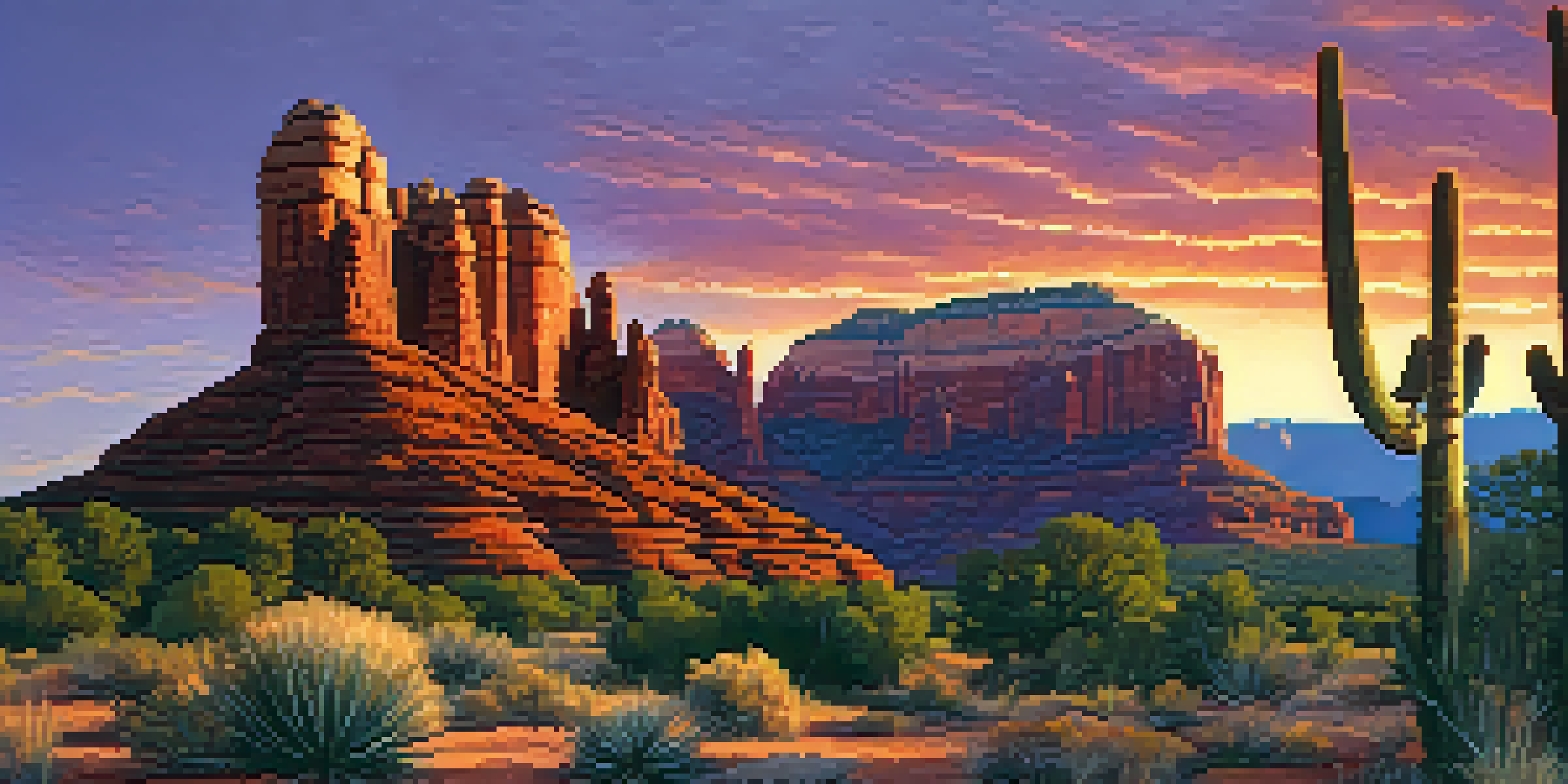A wide view of Sedona's red rocks during sunset, with vibrant orange and purple skies and a cactus in the foreground.
