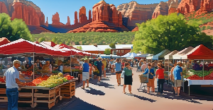 A lively farmers market in Sedona with colorful fresh produce and red rock formations in the background.
