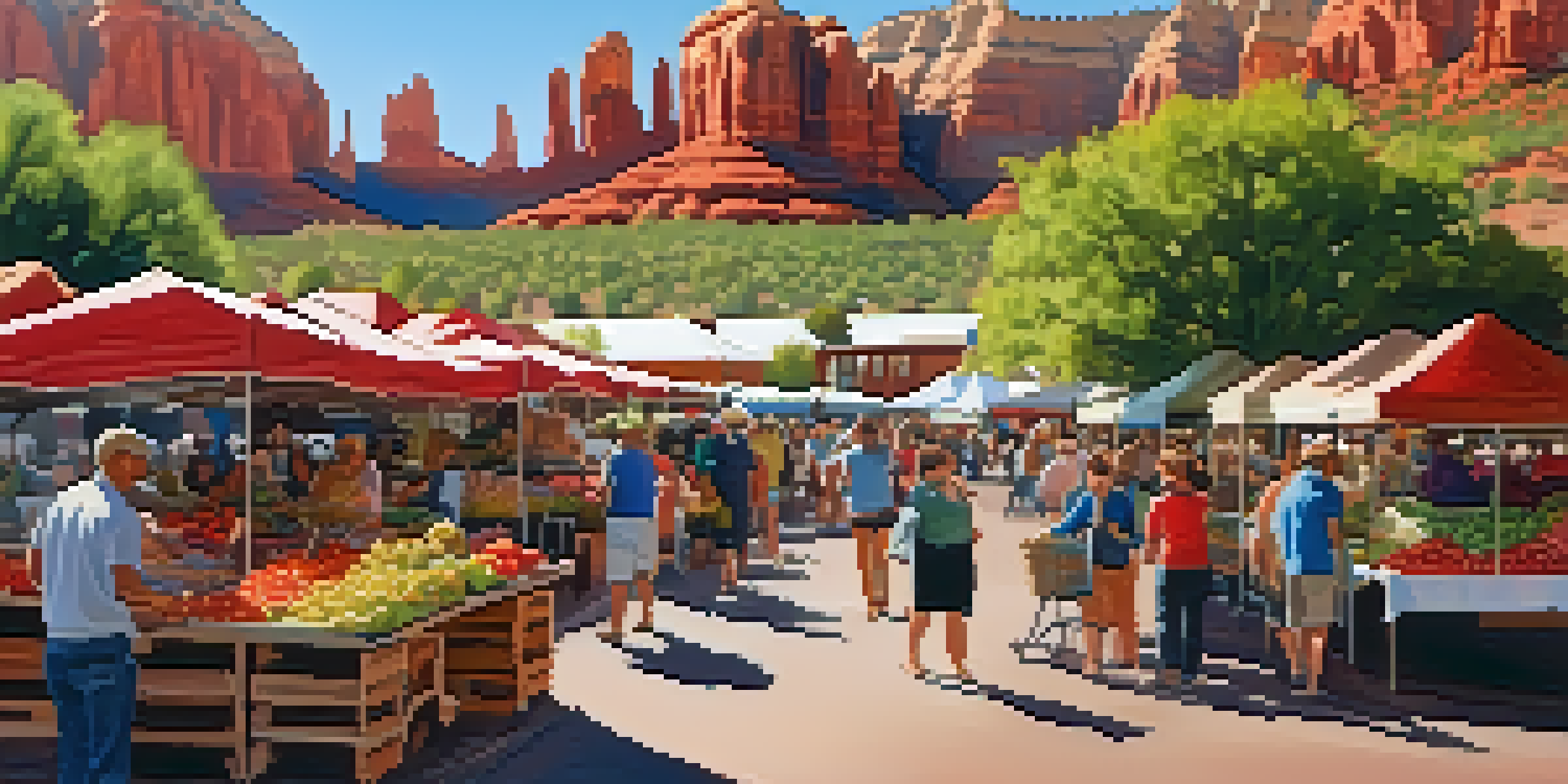 A lively farmers market in Sedona with colorful fresh produce and red rock formations in the background.