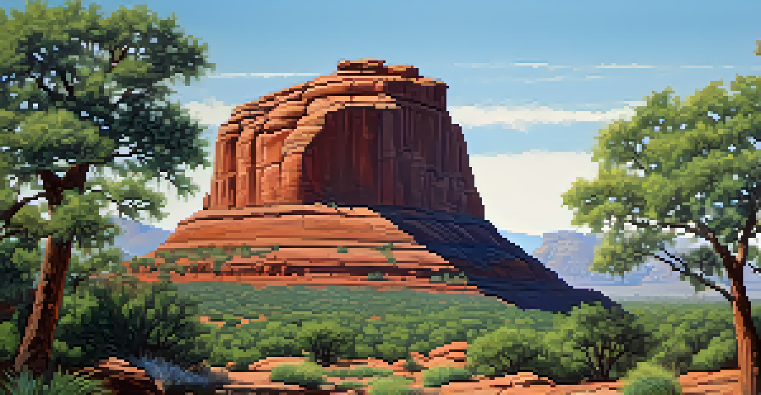 Bell Rock surrounded by greenery and blue sky, showcasing its iconic shape and hiking trails.