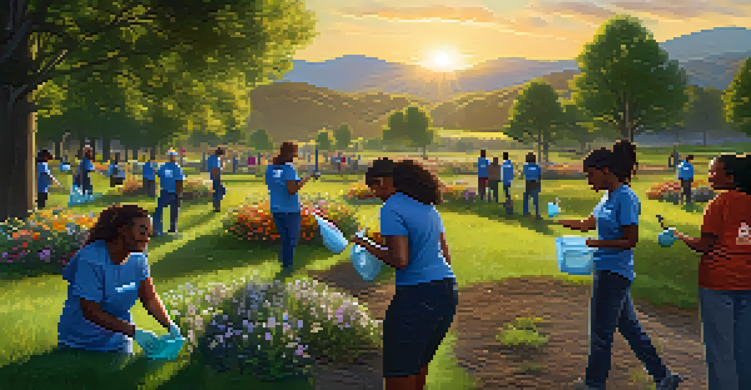 Volunteers cleaning a park and planting flowers during a sunset, surrounded by trees and hills.