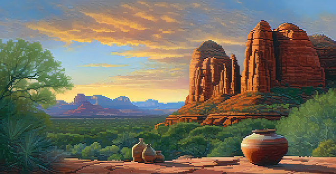 A Yavapai elder sitting near traditional pottery in front of red rock formations during sunset.