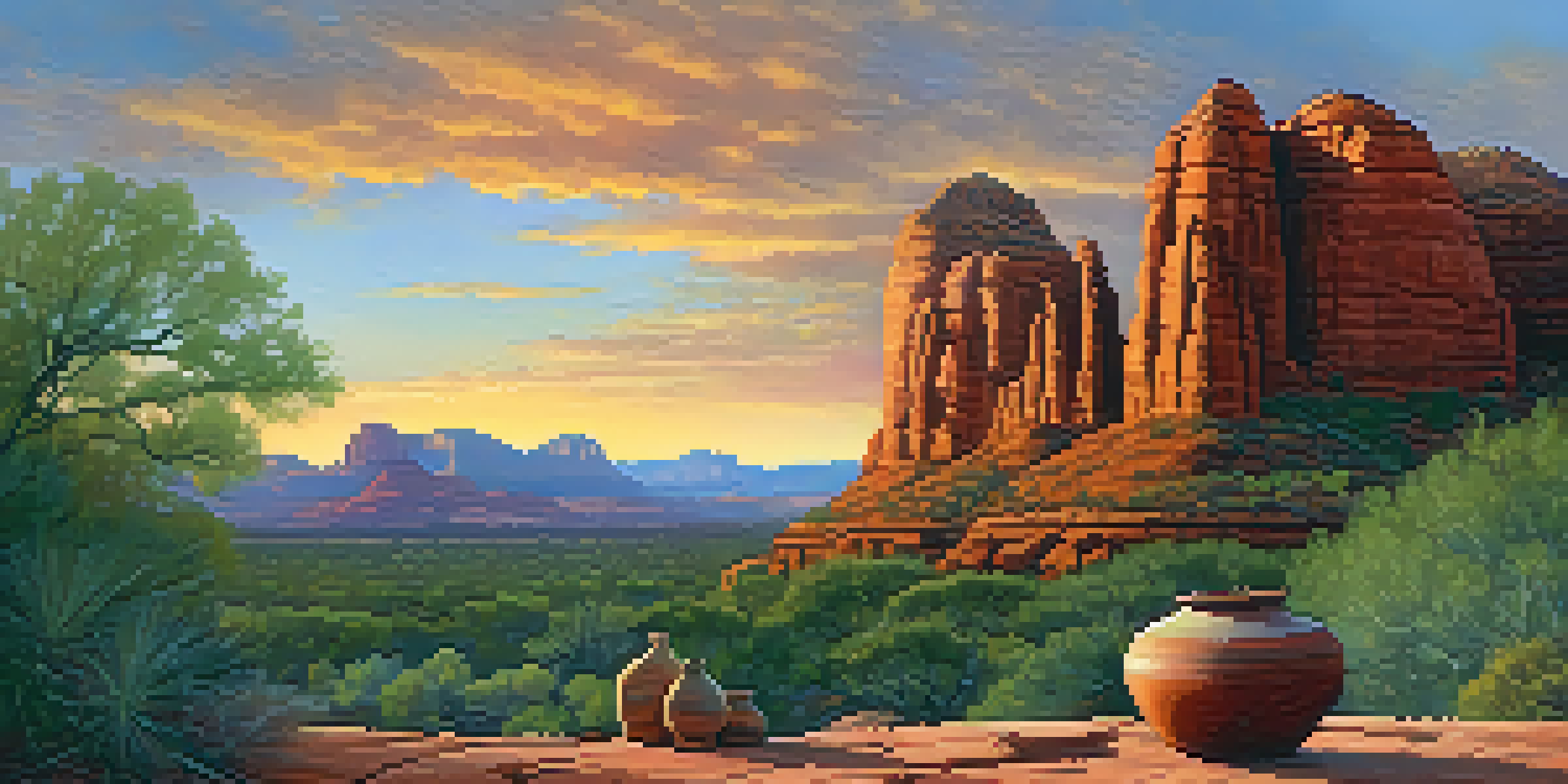 A Yavapai elder sitting near traditional pottery in front of red rock formations during sunset.