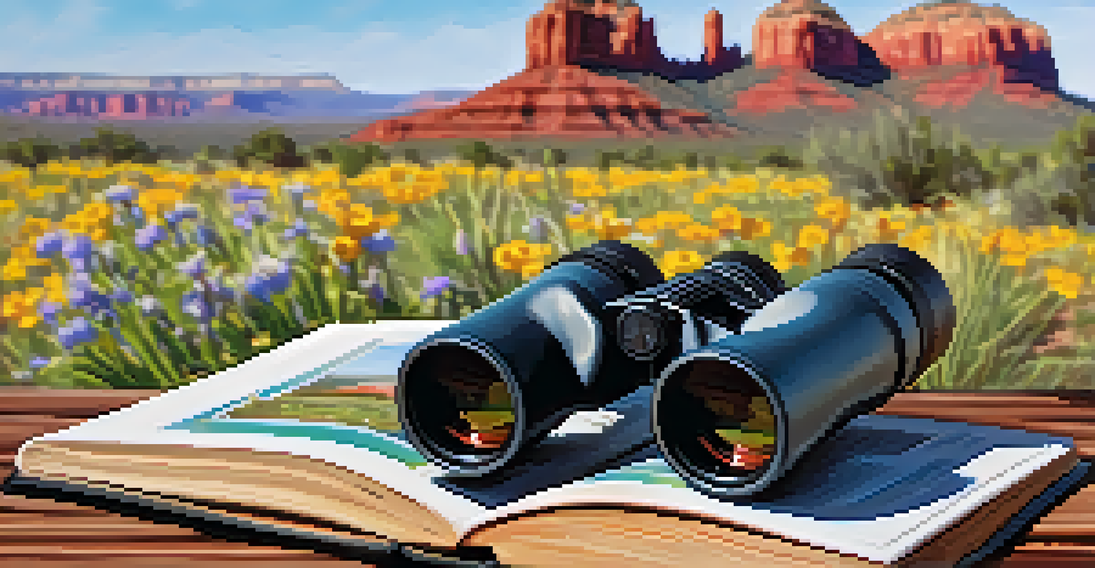 Close-up of binoculars and a field guidebook on a wooden table with a blurred birdwatching trail in the background.
