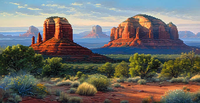 A panoramic view of Sedona's red rock formations at sunrise, with a trail and wildflowers in the foreground.