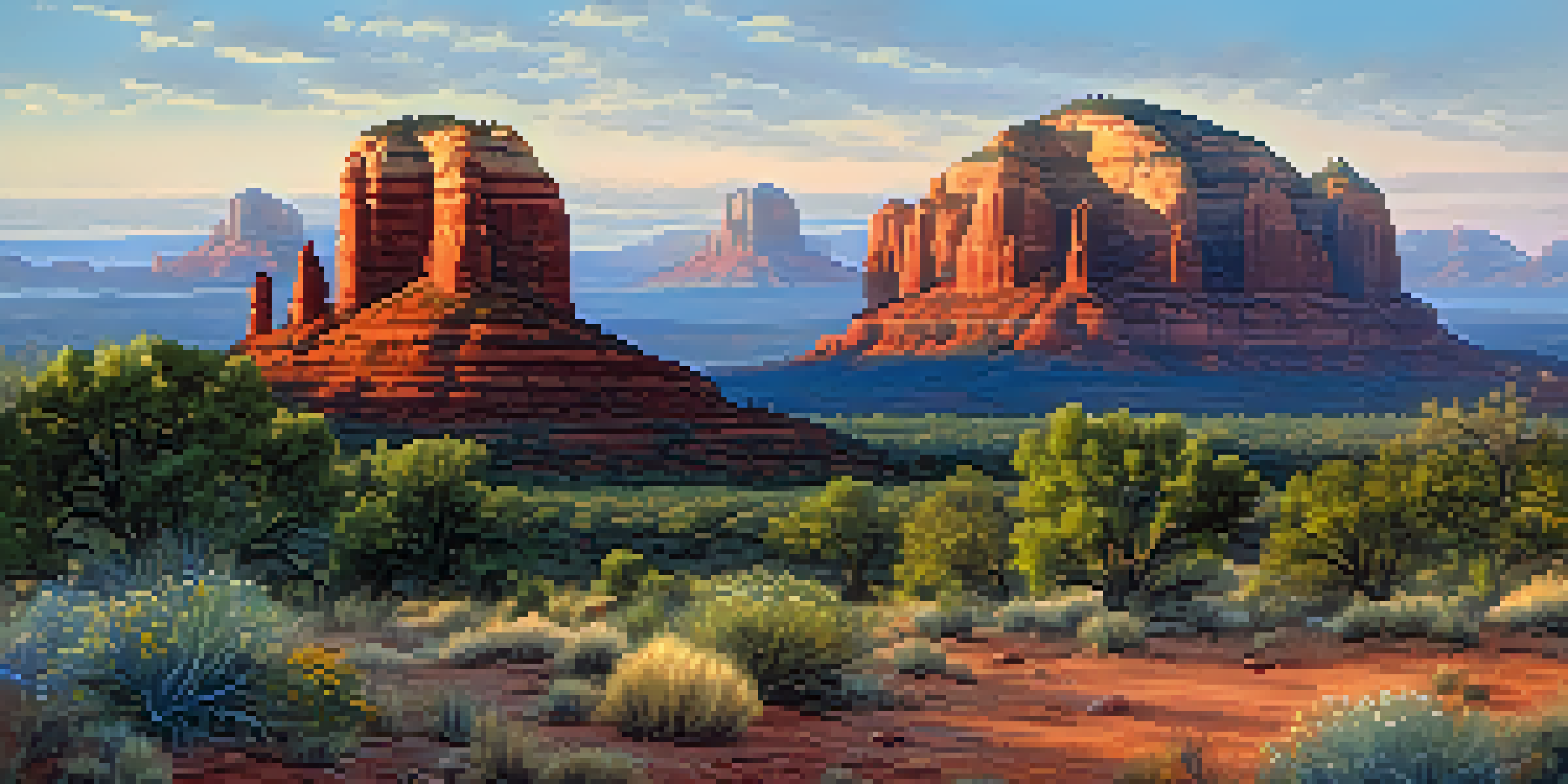 A panoramic view of Sedona's red rock formations at sunrise, with a trail and wildflowers in the foreground.