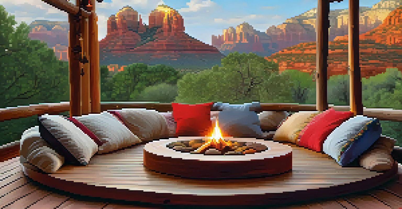 An outdoor meditation space with cushions and decorations overlooking the red rock landscape of Sedona.