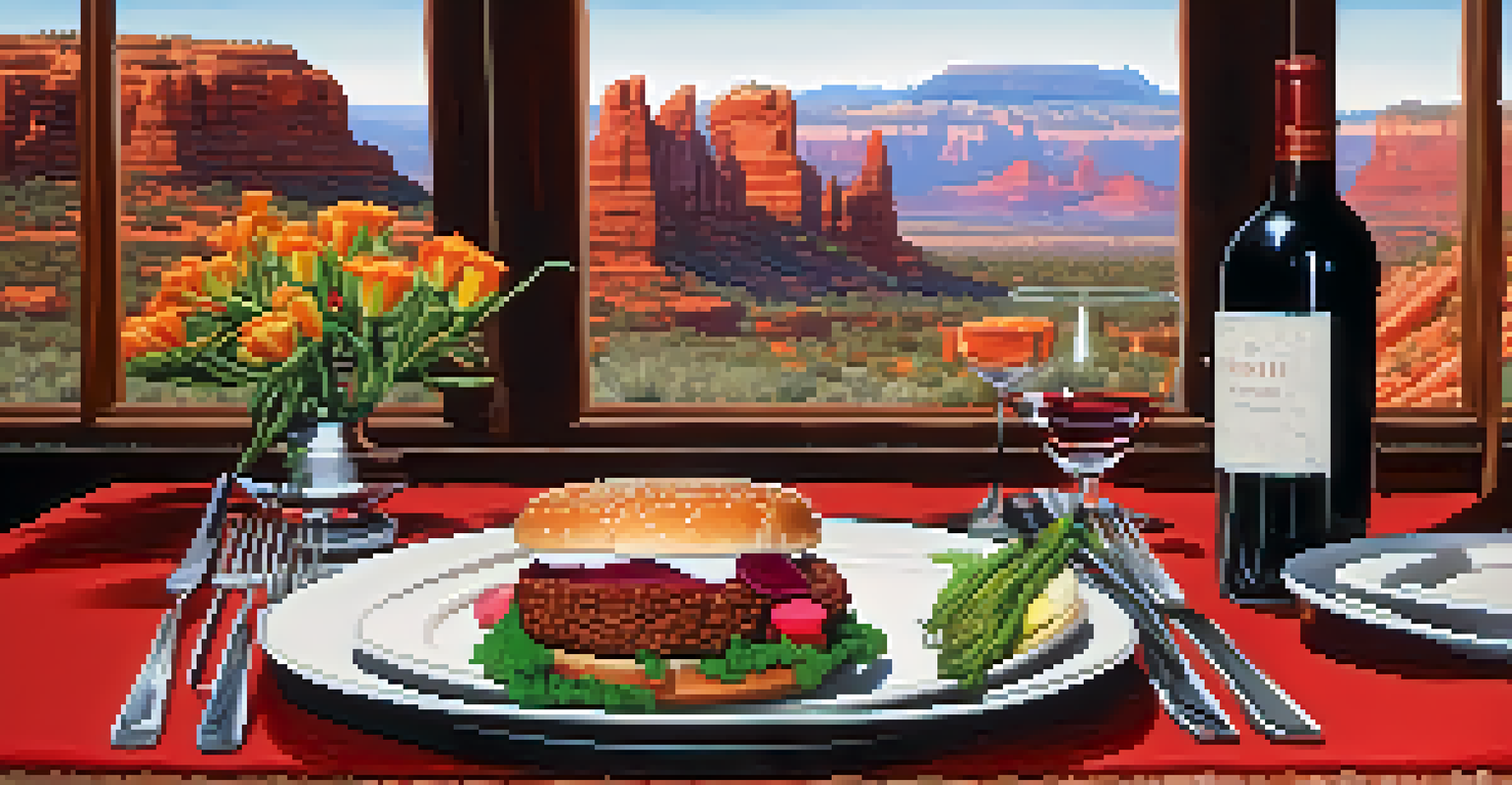 An elegant dining table with gourmet bison burgers, cactus fries, and red wine, set against the backdrop of Sedona's red rock formations.
