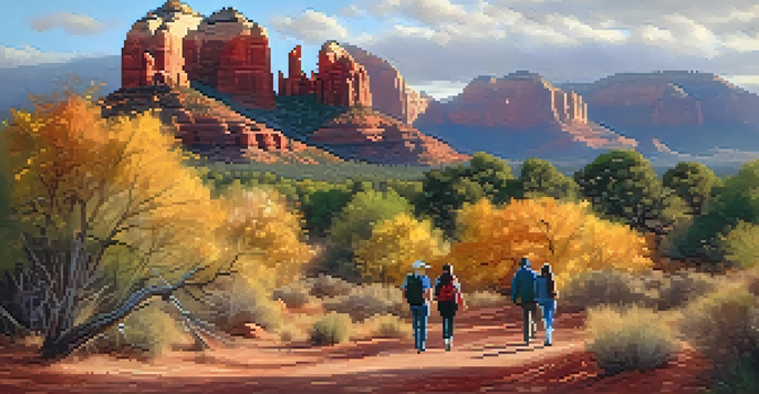 A diverse group of people hiking in Sedona, surrounded by colorful fall leaves and towering red rocks, with soft morning light illuminating the scene.
