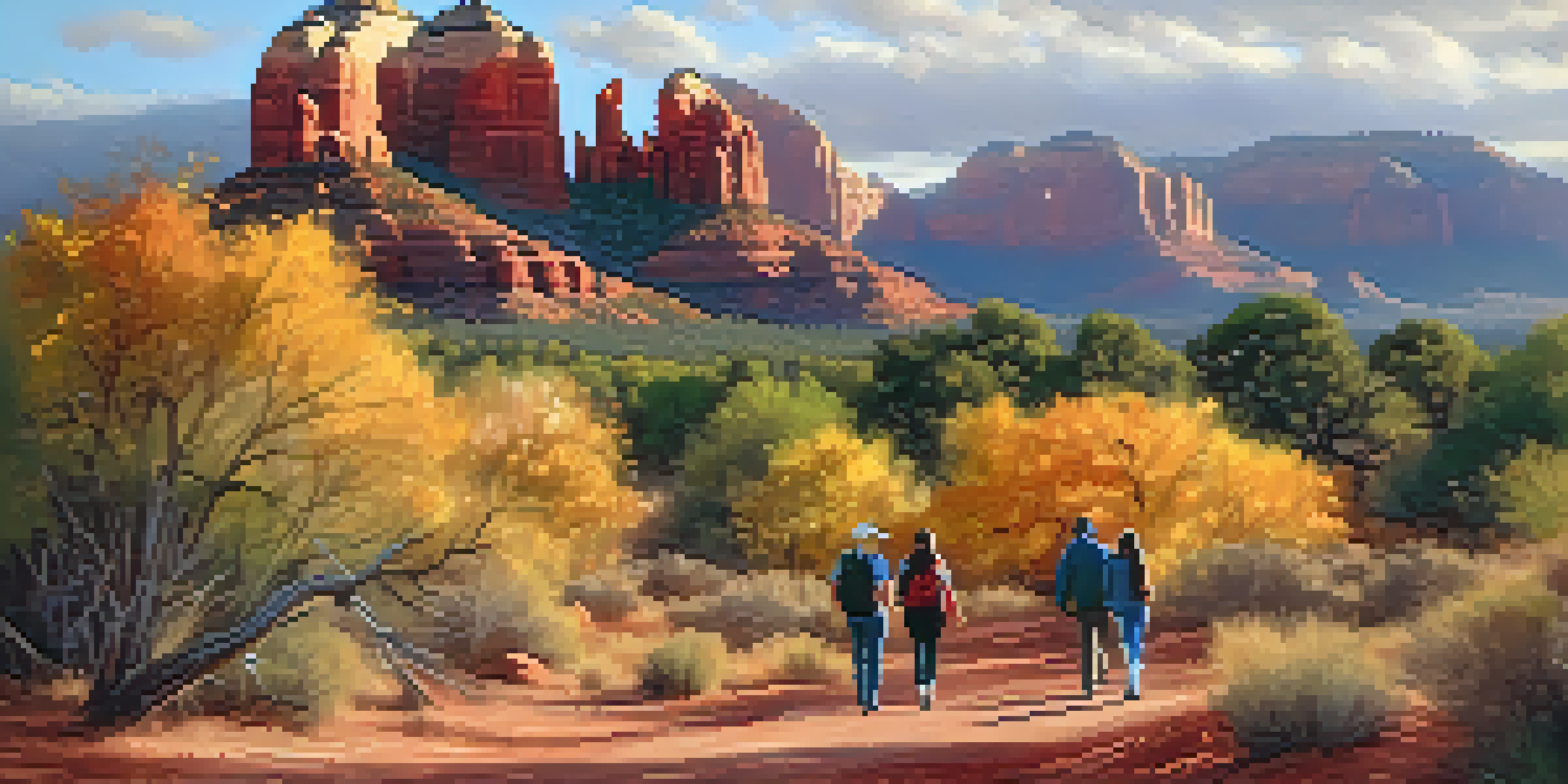 A diverse group of people hiking in Sedona, surrounded by colorful fall leaves and towering red rocks, with soft morning light illuminating the scene.