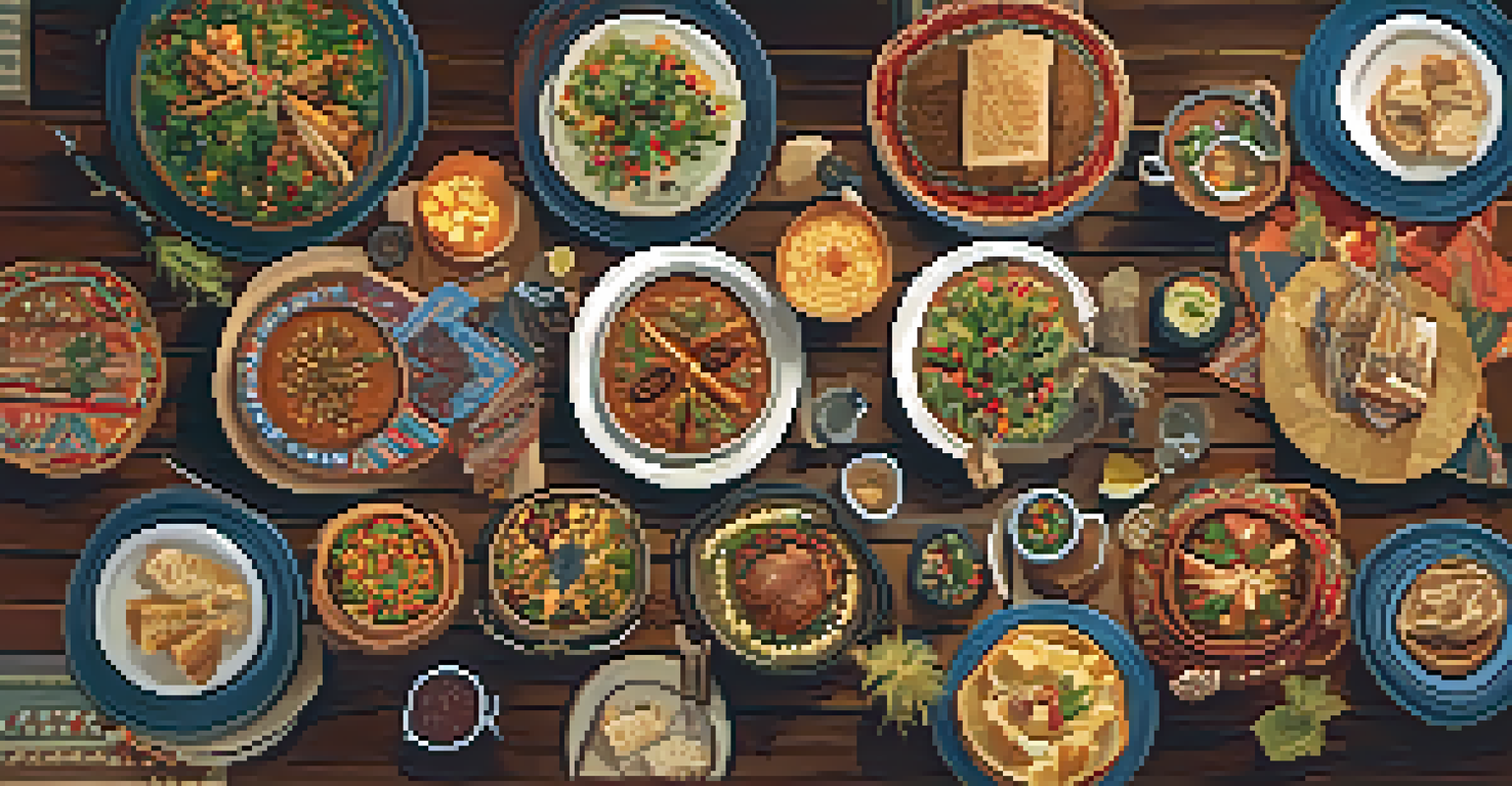 A traditional winter feast with Native American dishes displayed on a wooden table, surrounded by community members in a cozy indoor setting.