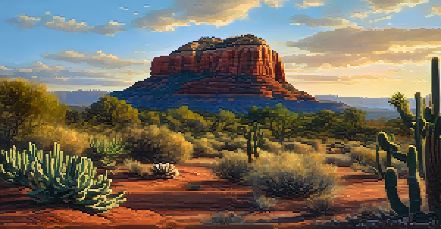 A landscape image of Bell Rock in Sedona during the late afternoon, featuring cacti and a clear sky.