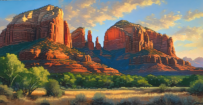Aerial view of Cathedral Rock in Sedona at sunset, highlighting the red rocks and lush greenery with golden sunlight.