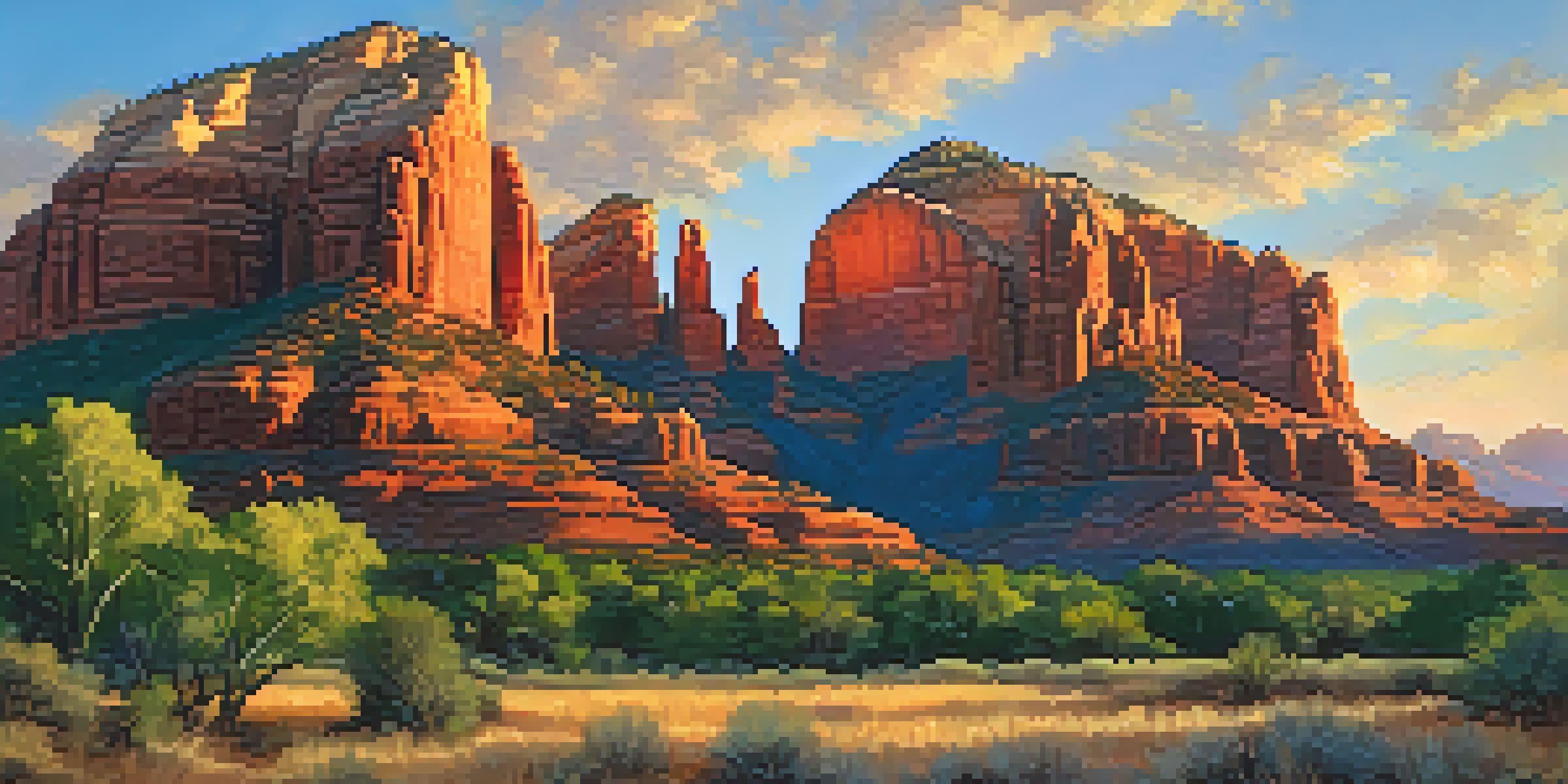 Aerial view of Cathedral Rock in Sedona at sunset, highlighting the red rocks and lush greenery with golden sunlight.