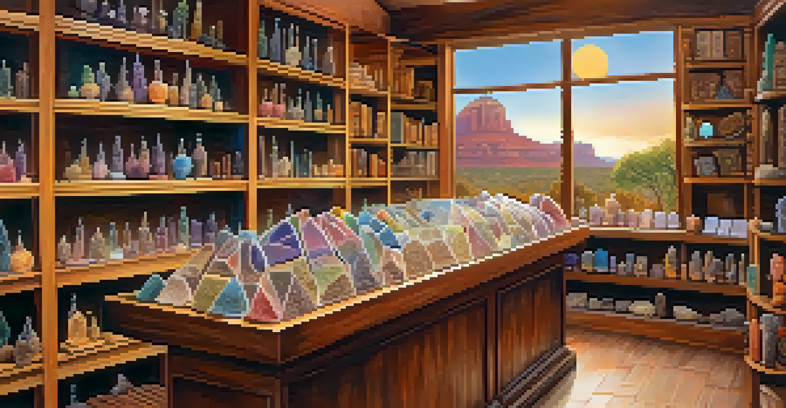 The interior of a spiritual shop in Sedona, displaying crystals and healing tools in a cozy and inviting atmosphere.