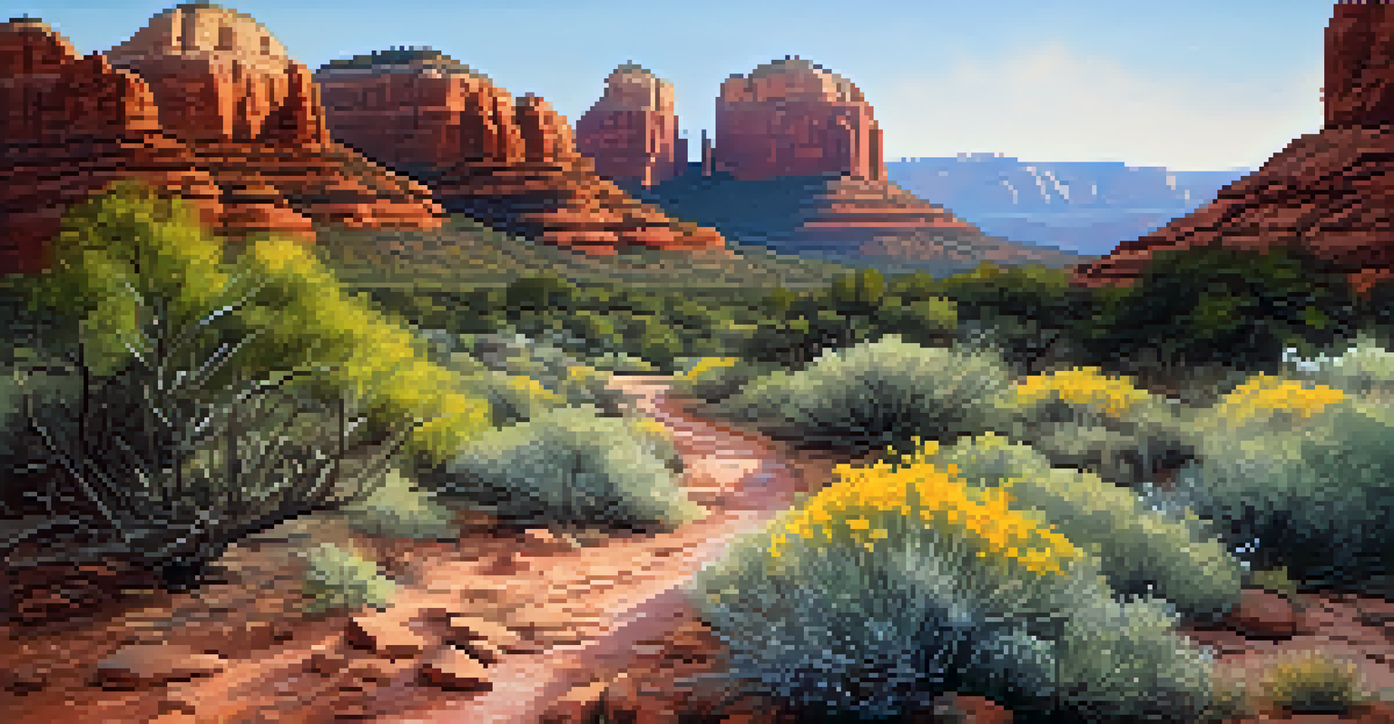 A winding trail through Sedona's red rocks illuminated by soft morning light.