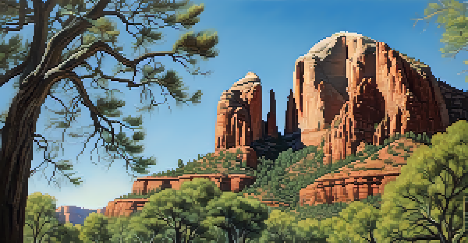 Cathedral Rock framed by tree branches under a clear blue sky, highlighting the natural beauty of Sedona.