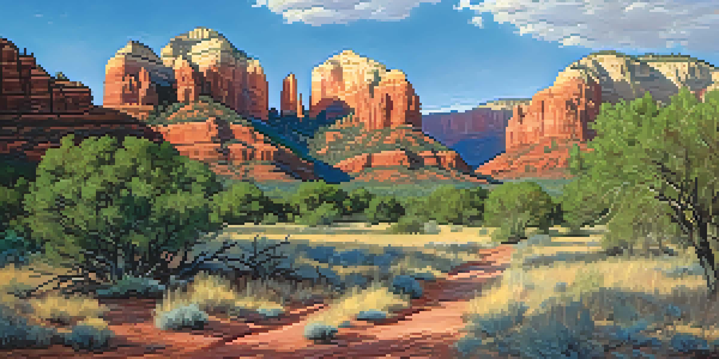 A wide view of Cathedral Rock with red sandstone cliffs and a clear blue sky, surrounded by desert plants and a rocky trail.