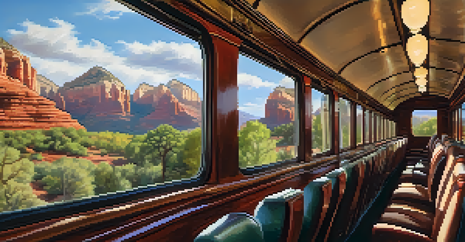 Interior view of passengers enjoying a scenic train ride through Sedona, with stunning red rock landscapes visible outside the windows.