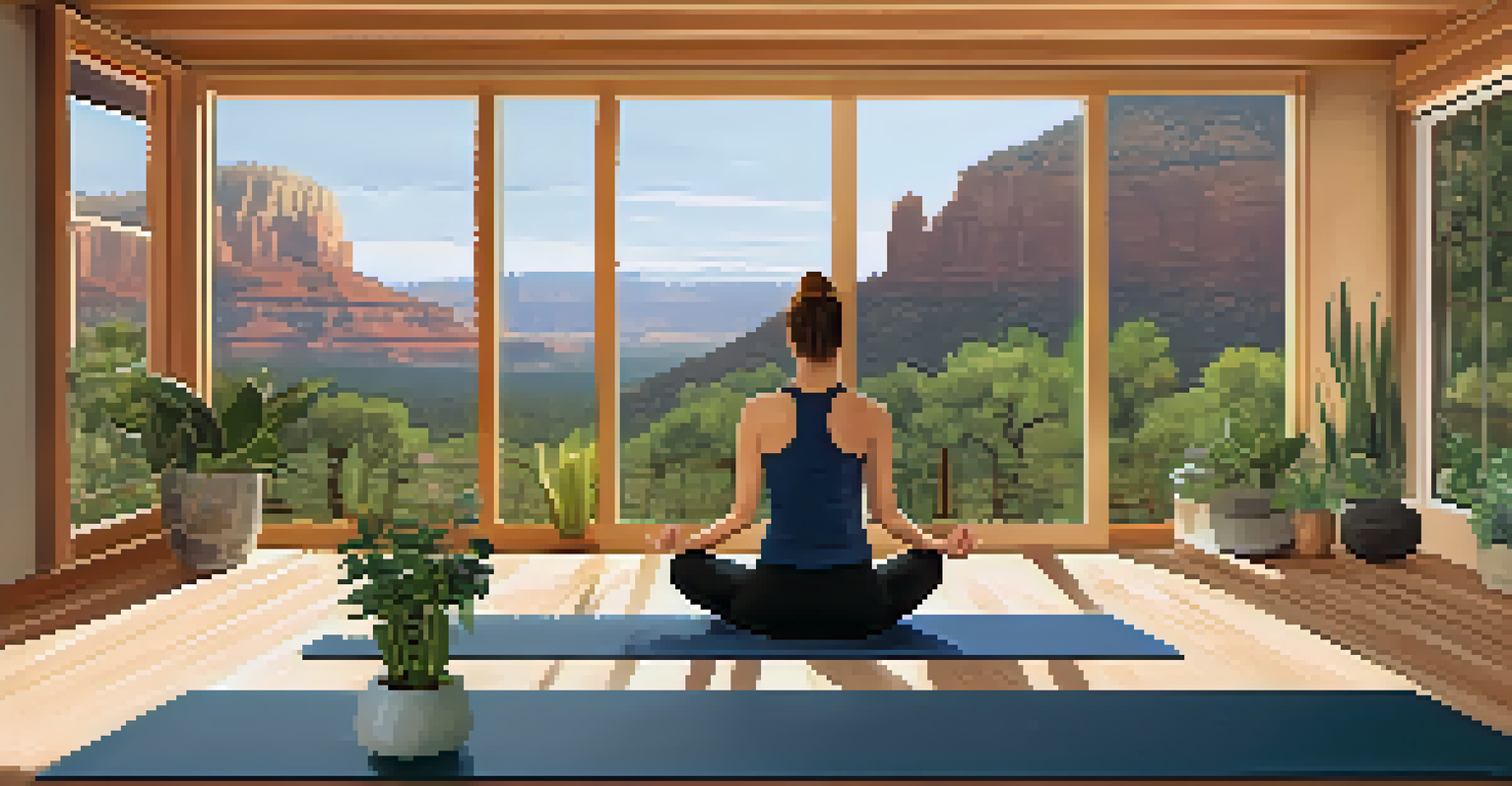 A cozy indoor yoga retreat space with mats, cushions, and plants, illuminated by natural light.