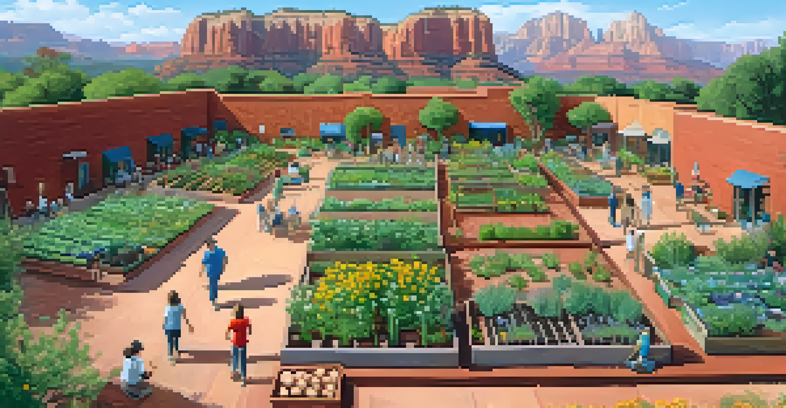 Aerial view of a community garden in Sedona with residents planting and working together amidst lush greenery and colorful blooms.