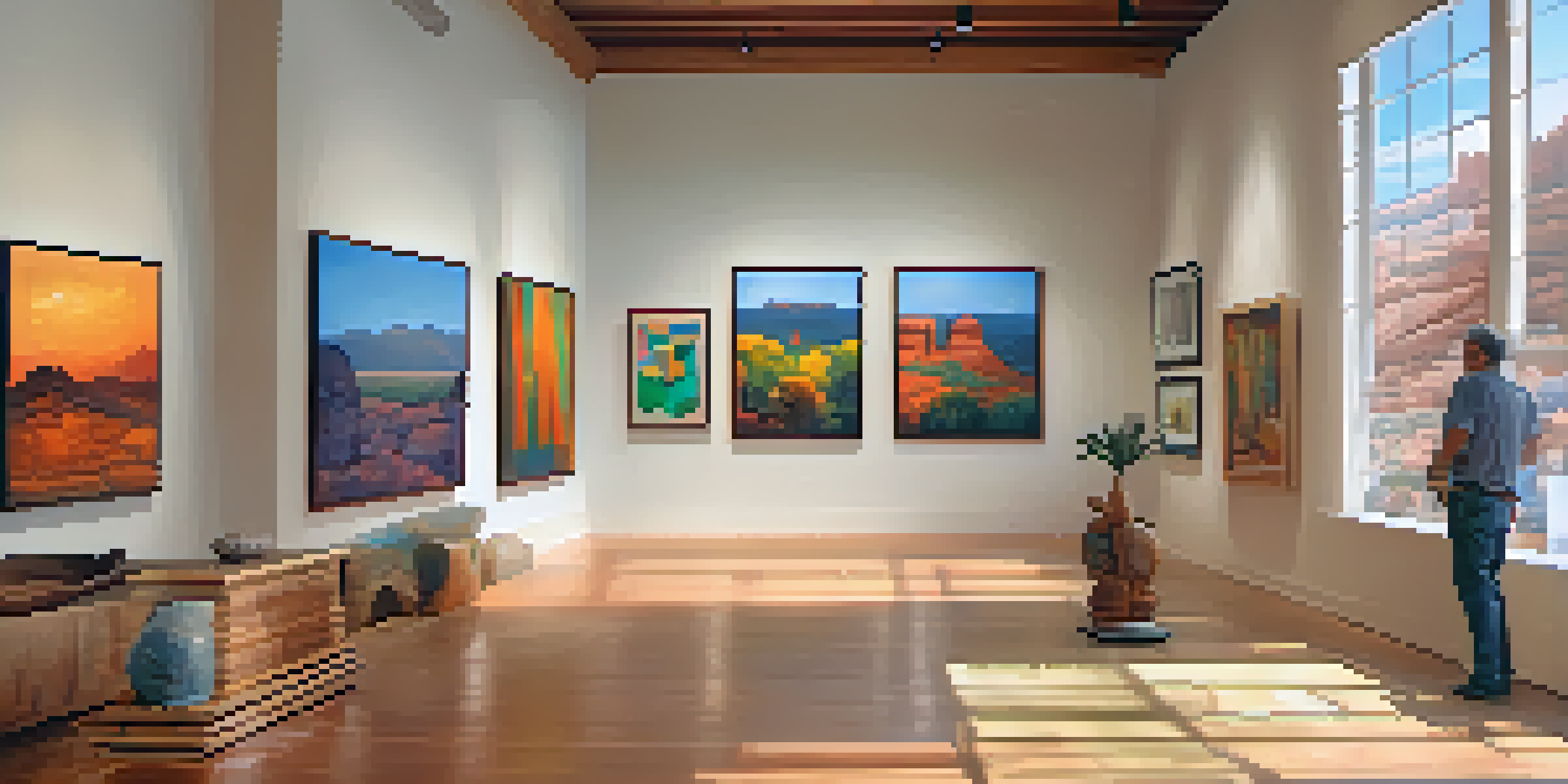 An art gallery with bright artworks on the walls and visitors admiring the pieces in a well-lit space.