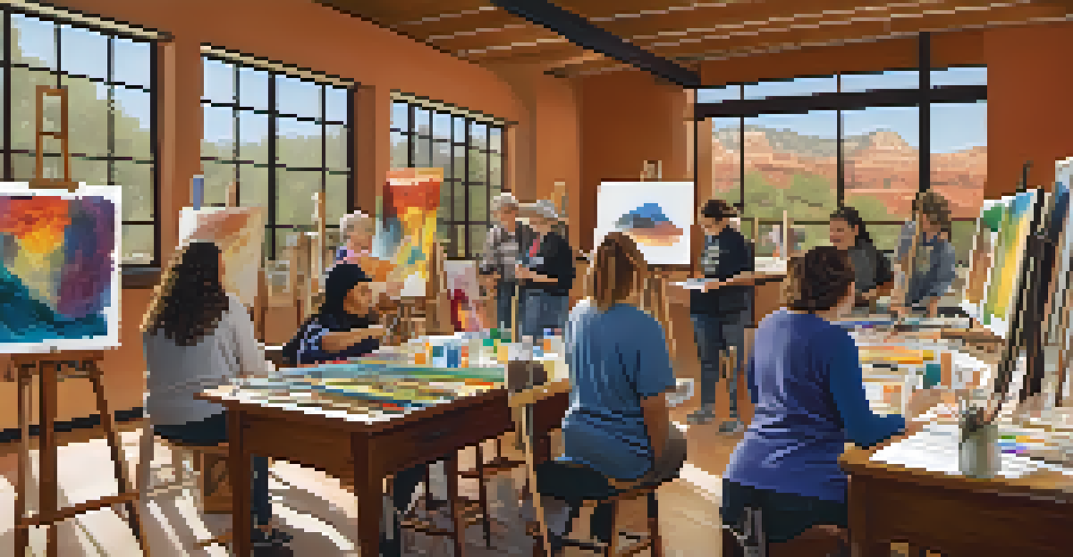 Volunteers helping in an art class at the Sedona Arts Center, with bright paintings and art supplies in a well-lit creative environment.