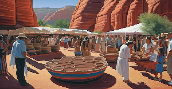 A lively festival scene with Native American artists showcasing pottery and woven baskets, surrounded by red rock formations.