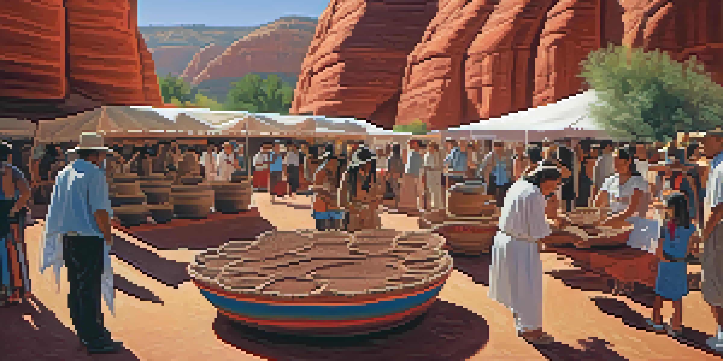 A lively festival scene with Native American artists showcasing pottery and woven baskets, surrounded by red rock formations.